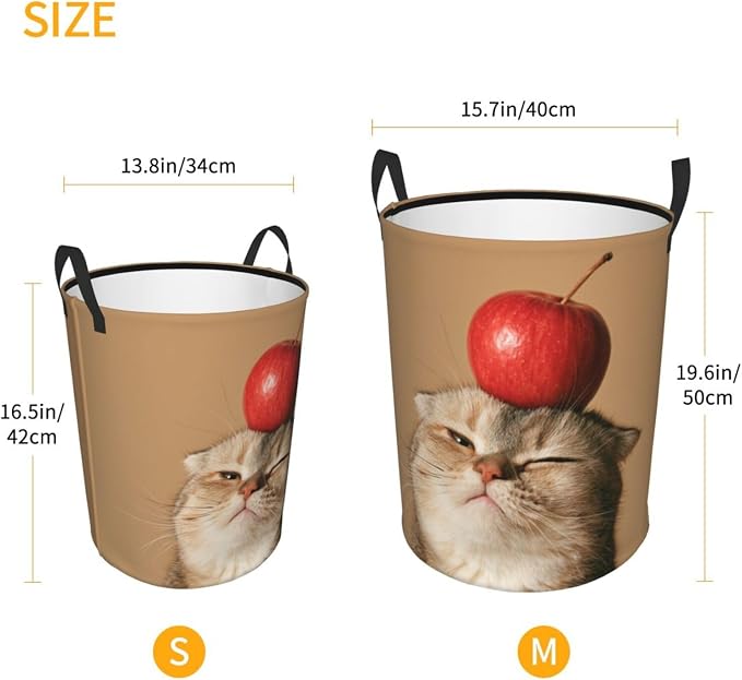 Funny Pet Cat And Fresh Apples Art Laundry Hamper 15.7×19.6 Inches | Clothes Basket With Handles, Versatile Storage Organizer For Home Decor, Laundry Room, Dorm, Bathroom, Living Room, Gifts
