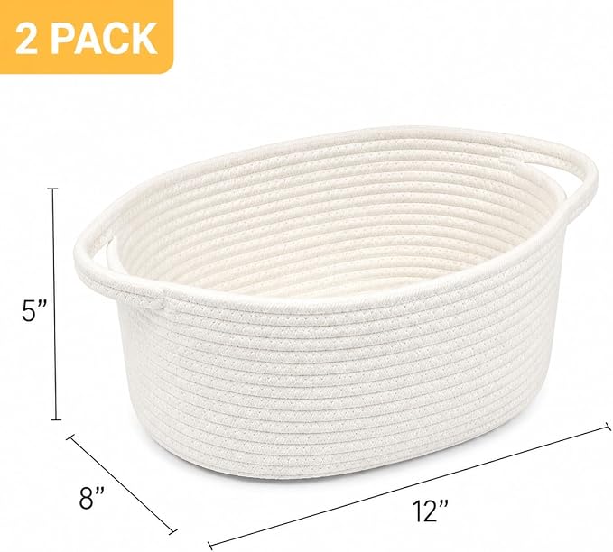 Small Woven Cotton Rope Baskets with Handles, Set of 2, White | 12 x 8 x 5 Inch Baskets, Empty Gift Baskets, Decorative Storage, Nursery Shelf Organizer, Multi-Room Storage