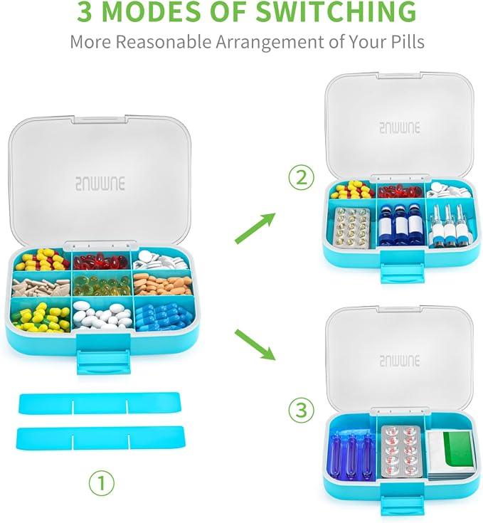 Large Pill Organizer, 9 Compartments Portable Travel Pill Box Case Moisture Proof, XL Pill Container Holder for Vitamins, Cod Liver Oil, Supplements, Medication (Blue)