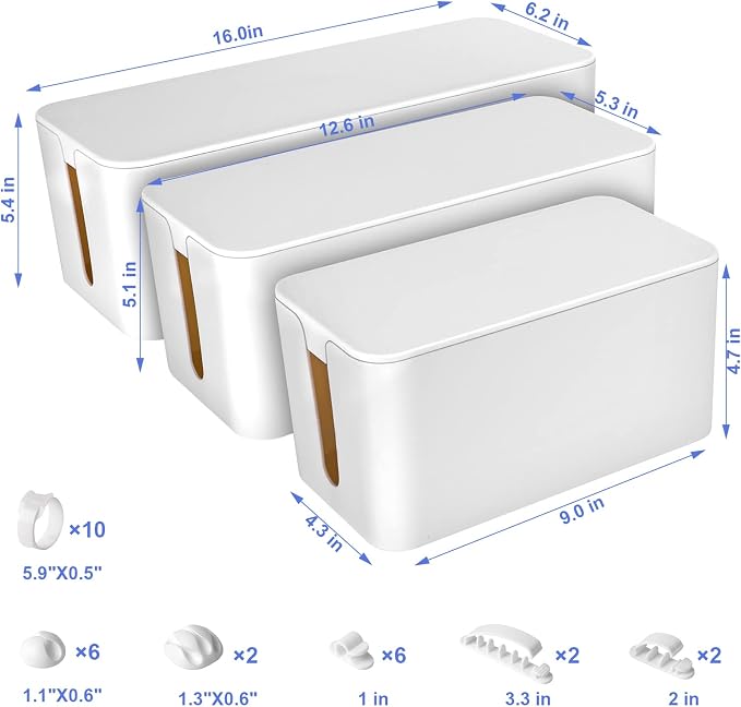 3 Pack Cable Organizer Box, Cable Management Box for Surge Protector | Under Desk Power Cover Cord Holder, TV Computer Wires Cord Organizer, Cable Management Set, for Home/Office(White)