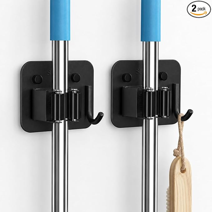 2 Pack Broom Holder Wall Mount, 304 Stainless Steel Mop Organizer with Hook | No Drill Adhesive and Screw Installation, Rust Proof Storage Rack for Garage, Laundry, Garden, Black