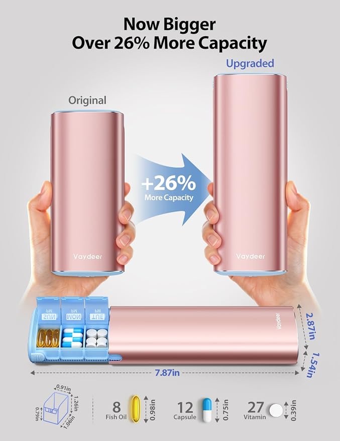 Vaydeer Large Metal AM PM Pill Organizer 7 Day, Moisture-Proof Desiccant | 2 Times a Day Pill Box with Triple-Layer Seal, Travel Pill Case for Fish Oil, Vitamins, Supplements and Medication