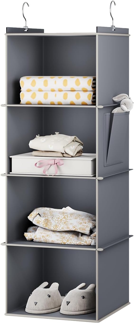 YOUDENOVA Hanging Closet Organizer and Storage for Clothes, 4-Shelf, Grey | Locker/RV/Camper Organizer, Side Pocket, Hanging Shelves for Small Closet, Dorm Room Essentials for Guys, Breathable Fabric