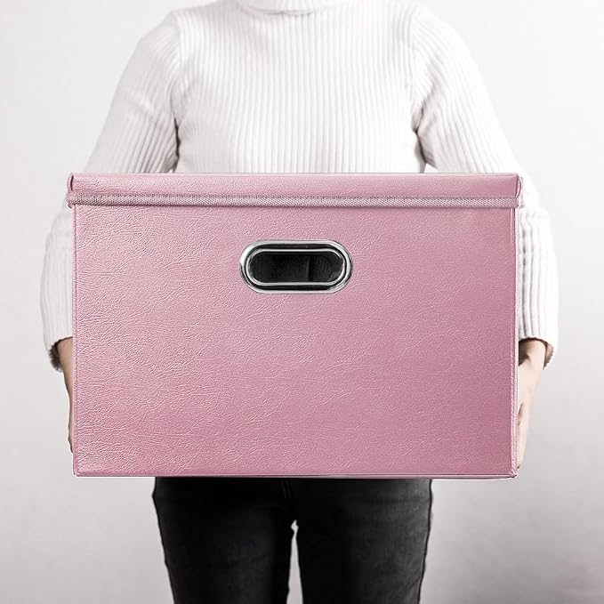 Large Collapsible Storage Box with Lid [1-Pack] Leather Fabric Foldable Storage Bin Organizer Container Basket Cube with Cover for Home Bedroom Closet Office Nursery Pink (17.7x11.8x11.8)