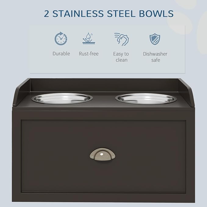 PawHut Dog Feeding Station with Storage Drawer, Dog Food Storage Cabinet with 2 Removable Elevated Pet Bowls for Large Sized Dogs, Coffee | 2 Removable Elevated Pet Bowls, for Large Sized Breeds