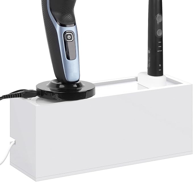Linkidea Acrylic Cable Organizer Box for Bathroom Countertop, Cord Management for Electric Toothbrush & Razor Chargers, Fits 1-2 Small Charging Heads Only (White)
