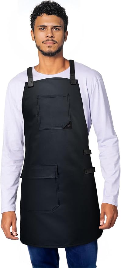 Under NY Sky Barber Apron, Cross-Back, Leather Loops, Flapped Pocket, Black | Oxford Canvas Resists Liquids, Chemicals, Ink, Dye. All Reinforced. Easy Sanitation For Hair Stylist, Salon, Colorist, Barber