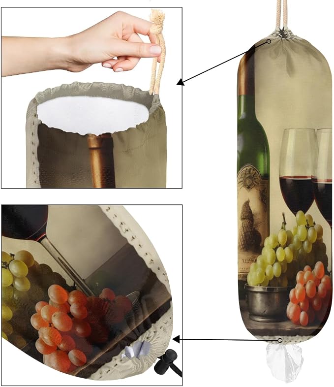 Vintage Wine Grapes Plastic Bag Holder Red Wine Grocery Bag Storage Dispenser Washable Hanging Shopping Bags Carrier Reusable Wall Mount Trash Bag Organizer for Kitchen Pantry