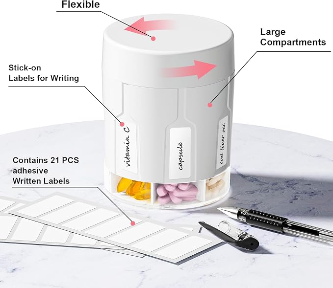 Betife XXL 7-Day Pill Organizer, Large Travel Pill Dispenser Bottle | Anti-mix, BPA-free ABS, Holds 32 fish-oil softgels per compartment, 21 labels, Pocket-size for travel, supplements.