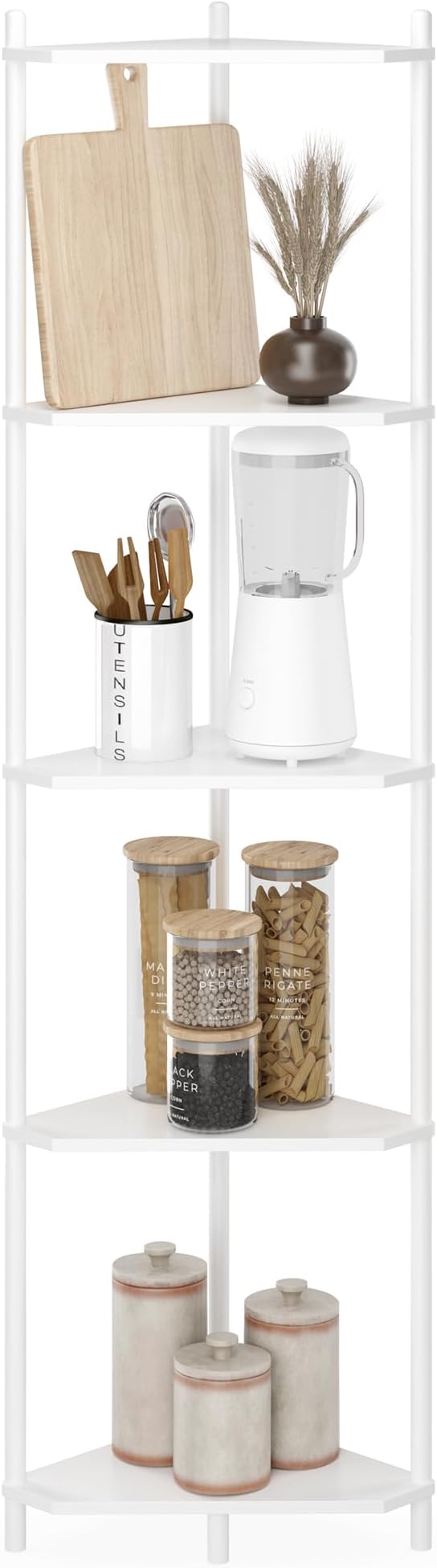 Wisuce White Tall Corner Shelf Stand, 5-Tier Bamboo Corner Bookshelf | Space-Saving Narrow Corner Shelf | Bathroom Corner Shelf | Shelves for Bedroom, Living Room, Kitchen & Plant Display