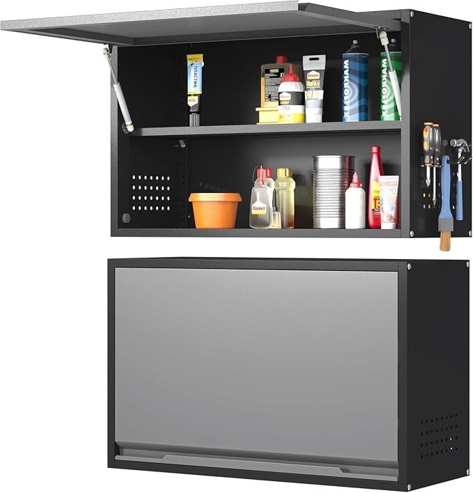 Garage Wall Cabinet, 19.7" H Metal Wall Cabinet with Up-Flip Door | Wall Mounted Metal Storage Cabinet, Upper Cabinet for Kitchen,Garage,Workshop,Warehouse, Assembly Required, Gray