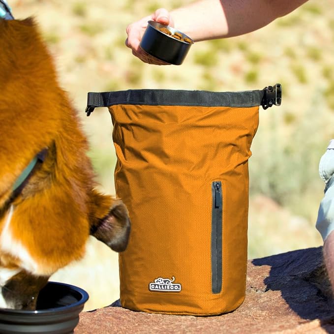 Callieco Dog Food Travel Bag w/ 1 Cup Scoop and Zipper Side Pocket | Waterproof Kibble Storage Container for Home, Road Trips, Camping, Boarding and More (Orange, 32 Cups)