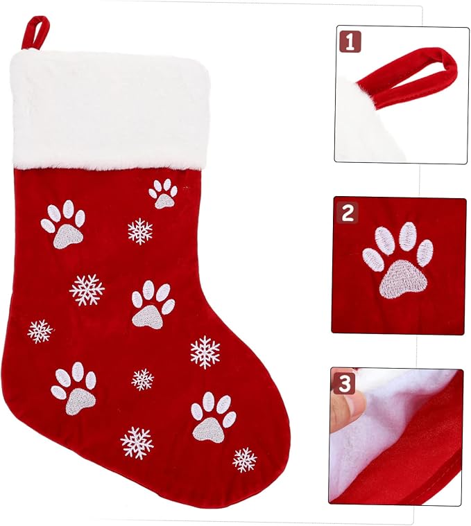 1pc Christmas Stocking Decor Pet Paw Print Embroidered Hanging Sock for Holiday Decorations Adorable Candy Storage for for Boys and Girls Christmas
