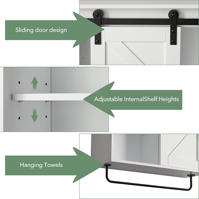 23" Bathroom Wall Cabinet with Sliding Door, Towel Bar & LED Light | 3-Tier Adjustable Shelves, Rechargeable Motion Light and Space-Saving Over-Toilet Storage for Bathroom, Laundry Room, Kitchen