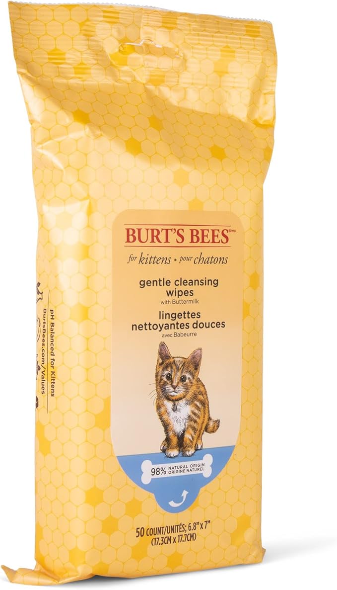 Burt's Bees for Pets Kitten Grooming Wipes with Buttermilk and Honey, Waterless Cat Bath Wipes for Face, Paws, Tail and Coat Cleaning, Gentle Bath Alternative for Indoor Felines, 50 Count