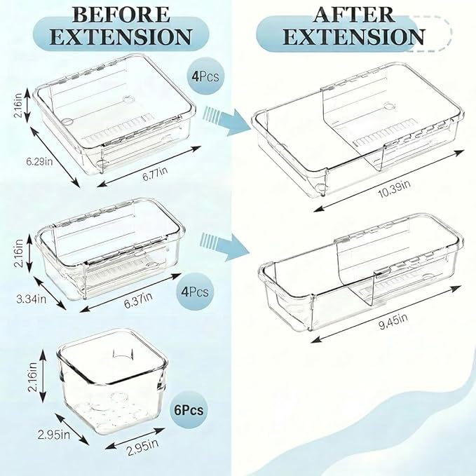 14 Pcs Expandable Clear Drawer Organizers, 3-Size Adjustable Storage Bins | Extendable Plastic Boxes, Thick Durable Arcrylic Bins for Makeup Jewelry Stationery Utensils Dresser Office Kitchen DIY Tools