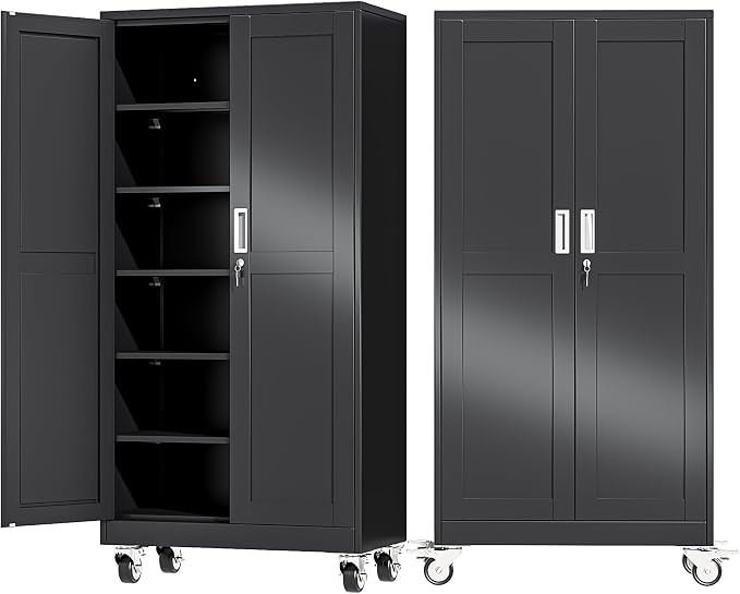 Ckzbx Metal Large Garage Storage Cabinet with Locking Doors and Adjustable Shelves,73.6" H Rolling Tool Storage with Wheels for Garage,Office (Black)