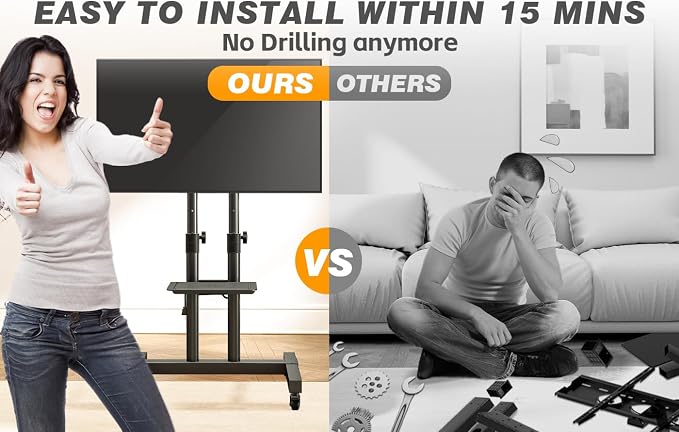 Heavy Duty Rolling TV Stand with Power Outlet for 32-83 Inch TVs | Height Adjustable Mobile TV Cart on Wheels Holds up to 110 lbs, Outdoor TV Stand Trolley, Max VESA 600x400mm