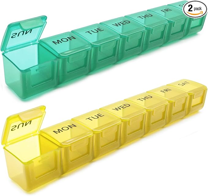 2 Pack Weekly Pill Organizer, Large 7 Day Travel Pill Case (Orange & Green) | Daily Vitamin Case Medicine Box, AM/PM Pill Containers Twice a Day for Medicine Supplements Fish Oil, Portable & Durable