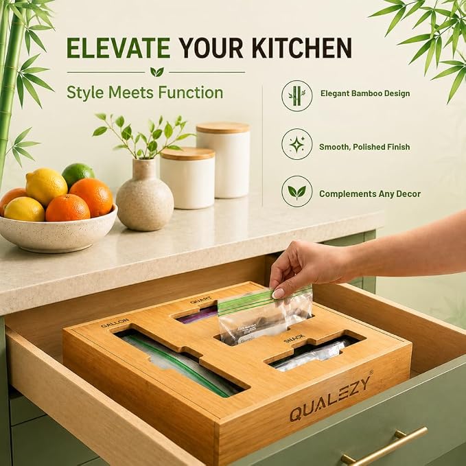 Bamboo Storage Bag Organizer for Drawer | 4-in-1 Baggie Organizer, Kitchen Drawer, Wall Mount & Countertop, Gallon, Quart, Sandwich & Snack, Engraved Labels
