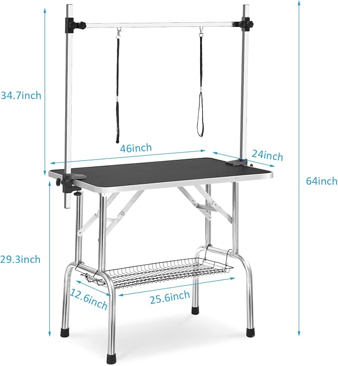 SoarFlash Pet Dog Grooming Table Foldable,Heavy Duty Foldable Pet Grooming Table with Arm & Noose & Mesh Tray, Maximum Capacity Up to 330lbs, 46inch, Black