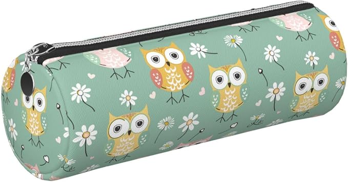 OSAM SPACE Leather Pencil Case Round Pencil Bag Cute Owl Floral Pen Organizer Holder Portable Zipper Pouch Cute School Supplies for Girls Boys Study Office