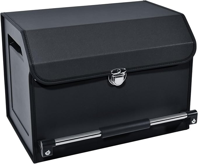 Car Trunk Organizer Leather Car Storage Organizer with Lid Car Organizer | Suv Trunk Organizer with Sturdy Handle Car Cargo Storage Box for Minivan, Sedan, Jeep (Black, 16.7 x 11.4 x 12.2in)