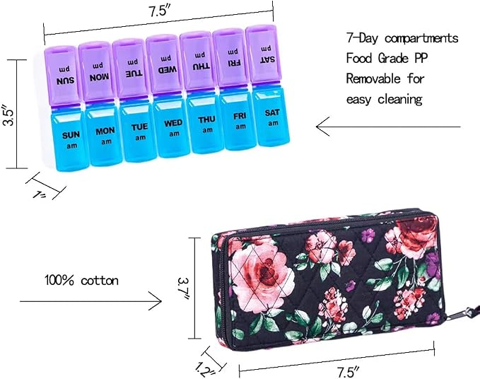 Weekly 7 Day Pill Organizer Case 2 Times a Day (AM/PM), Large Portable Cute Pill Box 7 Day for Vitamin&Medicine, Pill Case with Quilted Fabric Zipper Cute Bag for Travel or Daily