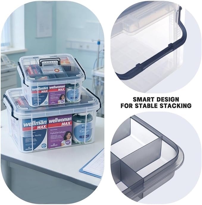 HEY FOLY 15qt Blue Medicine Organizer Storage Box with Tray, Plastic First Aid Box Empty, Thickened Medicine Container Chest, Multipurpose Medical Case with Labels, Blue Medicine Caddy