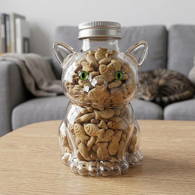 Glass Cat Treat Jar,Cute Cat Cookie Jar with Airtight Lid, Pet Cookie Storage Jars,Reusable Small Pet Snack Storages Jars for Kitchen Storage Supplies,Pets Lovers Gifts,350ml (Clear 1pcs)