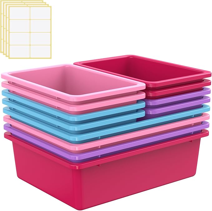 Zonon 12 Pcs Plastic Cubby Bins Office Storage Container Storage Bins Plastic Organization with 1 Pack Self Adhesive Label for Library Office Home Nursery(Mermaid Color)