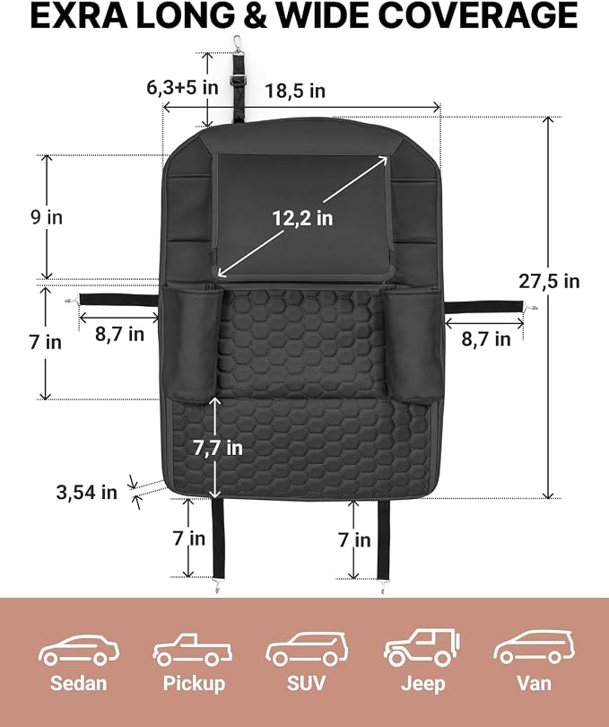 Owleys Car Seat Protector and Back Seat Organizer Set for Kids, Black | Two pieces: kids backseat organizer with clear tablet pocket plus a faux leather kick guard seat protector.