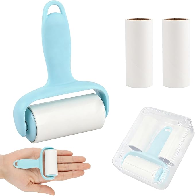Blue Mini Lint Roller Travel Size,Reusable Lint Brush,Dog Cat Hair Remover with Ergonomic Handle and 3 Refills (90 Sheets)