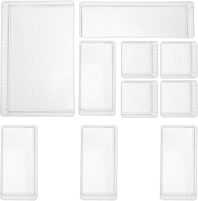 Mobestech 10pcs Plastic Drawer Organizer Trays with Removable Dividers and Raised Edges, Stackable Pet Storage Bins for Bathroom Counter and Kitchen Drawer, Easy to Clean, Secure Storage