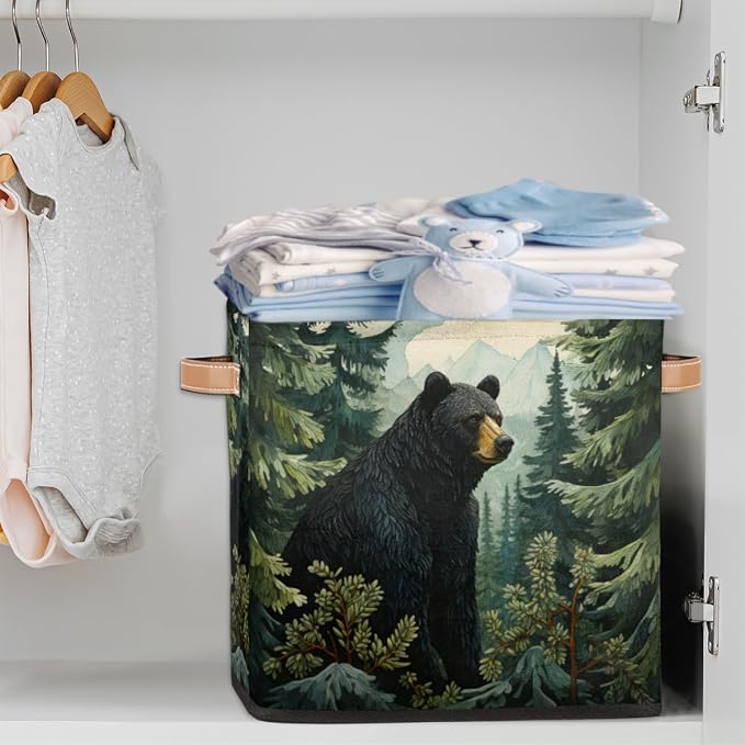 Black Bear Forest Wild Animals Cube Storage Bin, 13 Inch Collapsible Fabric Storage Cubes Bin, Foldable Cube Baskets for Shelf, Closet, Organizer