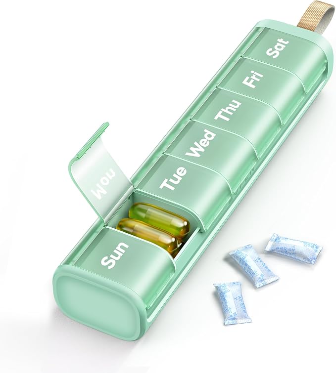 Weekly Pill Organizer, 7 Day Once Daily with Desiccant Chamber | BPA-Free, Easy Open Lids, Spill-Resistant, Compact Travel Case with Portable Handle, Green