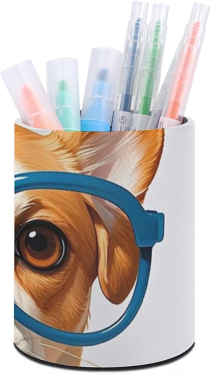 Pet Dog Soft Bow Tie, Oversized Glasses Pen Holder for Office, Circular PU Leather Pencil Cup for Home, Makeup Brush Storage Organizer, Pencil Case, Multifunctional Pen Box for Desktop