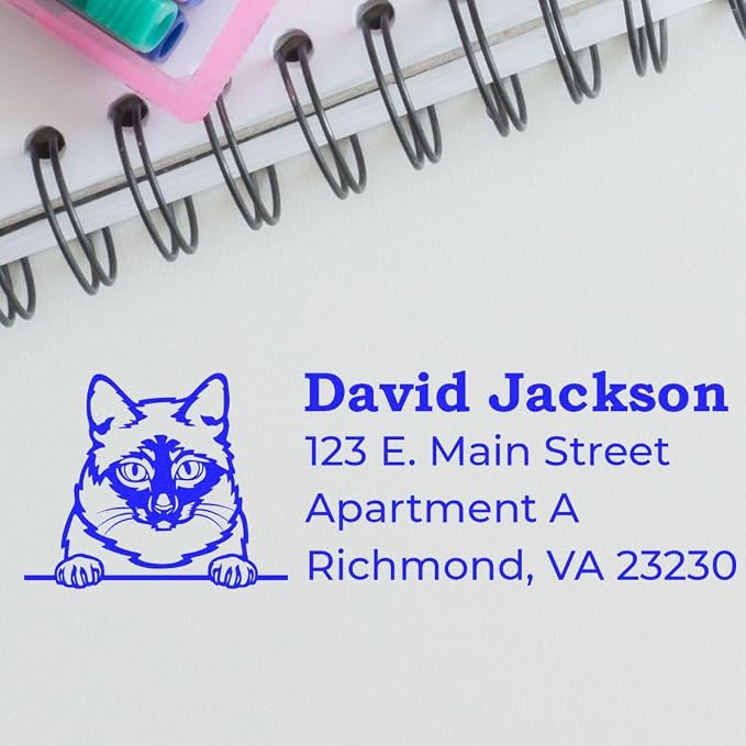 Peeking Mekong Bobtail Cat Wood Handle Address Stamp - Personalized Stamp | Return Address Stamp for Mekong Bobtail Cat Lovers. Envelope Stamp for Cat Lovers Custom Made. 4 lines of custom text.