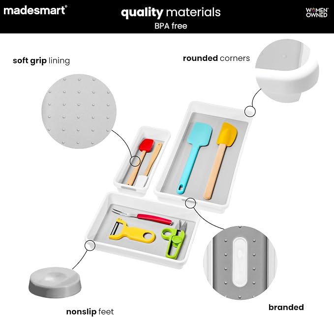 madesmart Classic 3 Bin Drawer Organizer Set, White | non slip feet, rounded corners, modular layout, mixed sizes, custom fit, office craft supplies, makeup tools, woman owned
