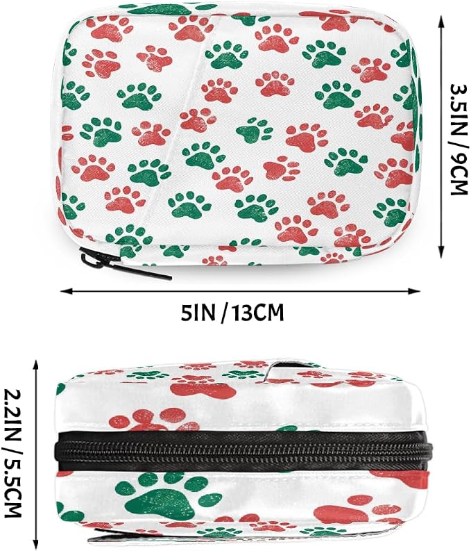 Weekly Pill Organizer Travel Size Bag with Removable 7 Day Pill Box Portable Vitamin Case Purse with Zipper,Red Green Pet Paws White