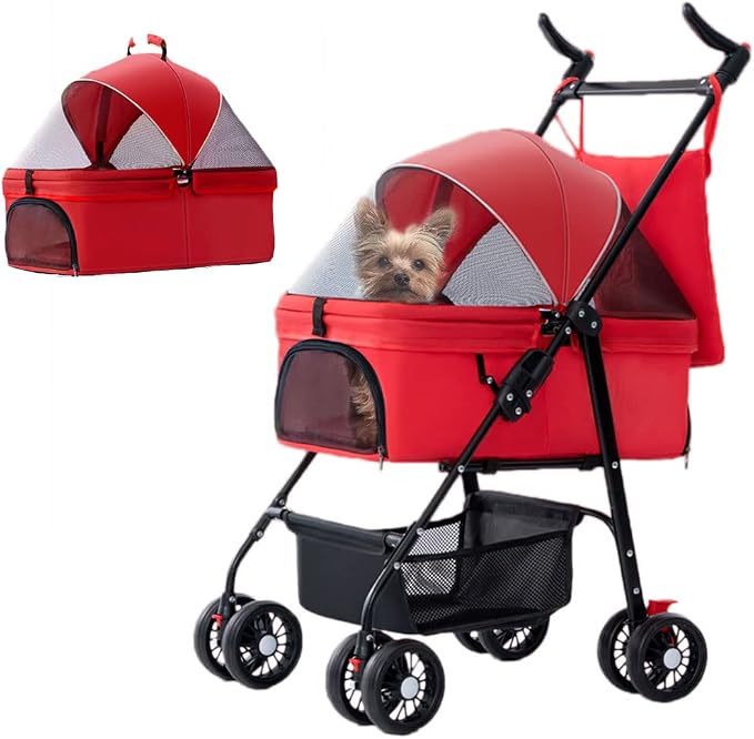 Foldable Pet Dog Stroller, Travel Dog Carrier with 4 Wheels Lightweight Dog Outing Accessories Cat Puppy Strolling Cart with Removable Liner & Storage Basket