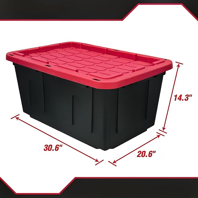 27 Gallon Heavy Duty Storage Bin with Snap Lid, Black and Red | Garage Organizer, Heavy Duty, Snap Lid, Container