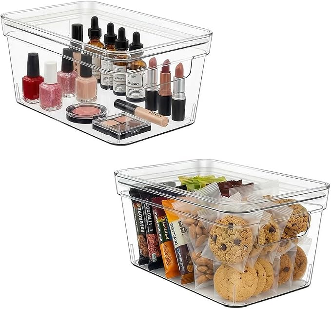 MOONEDGE 2 Pack 10x6x5 Stackable Small Clear Storage Bins with Lids | Plastic small item organizer containers with handles for vanity, craft, office, fridge, kitchen, pantry, bathroom and closet