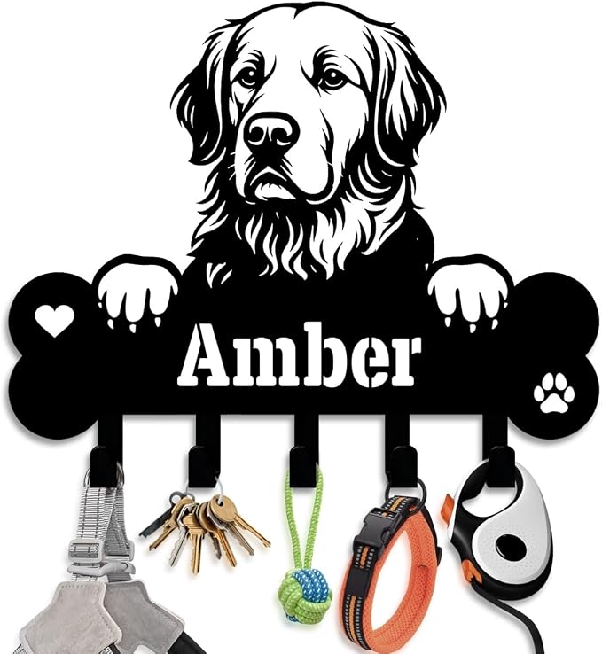 NIWAHO Dog Leash Holder Wall Mount Personalized Name - Custom Golden Retriever Metal Sign with Bone Key Hooks, Pet Leash and Key Organizer for Entryway