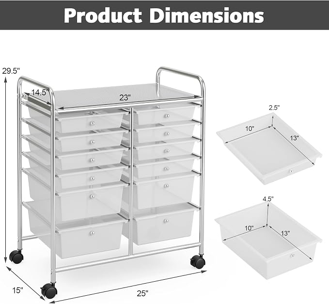 12 Drawer Rolling Storage Cart, Art Cart Organizer on Wheels, Mobile Utility Cart with Drawers, Multipurpose Craft Drawers for Home Office School Classroom (Clear)