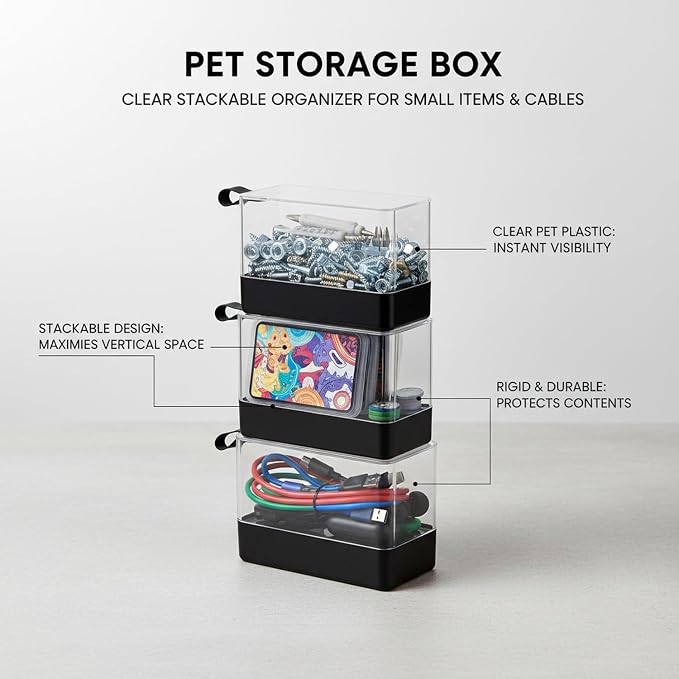 Stackable PET Storage Box, Rigid Clear Organizer for Cables & Small Items, Durable Transparent Container, 13 x 3.3 x 1.6 Inches