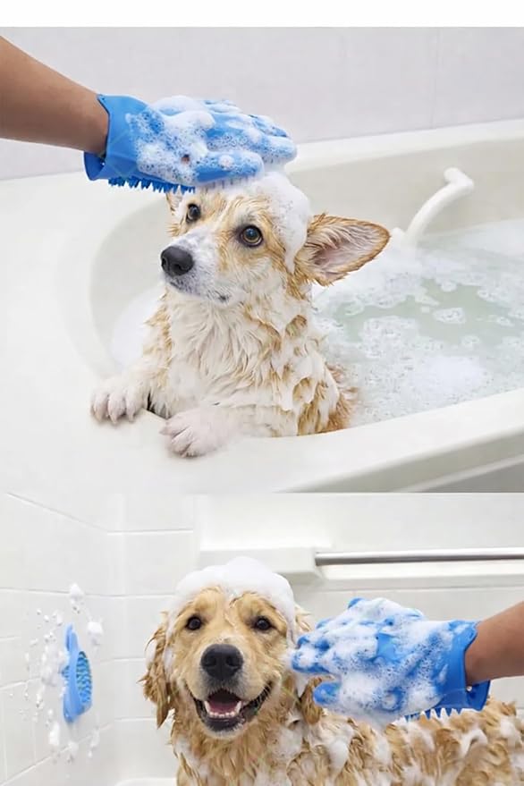 Pet Grooming Gloves – Soft Silicone Bath & Grooming Mitts for All Pets | Gentle Deshedding, Fur Removal, Washing & Massage Brush (Blue)