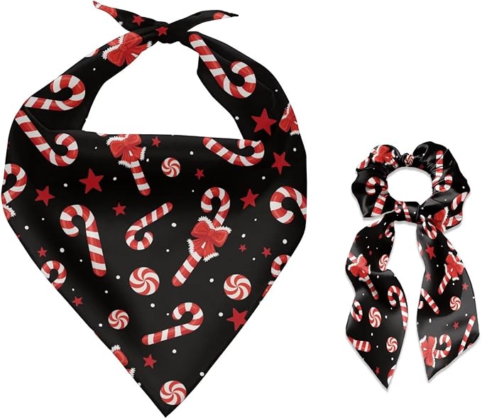 COEQINE Christmas Winter Dog Bandanas Bulk with Bow Hair Tie Pattern Dogs Birthday Bandana Xmas Candy Black Cute Holiday Costum Kawaii Dog Outfit for Small Medium Large Puppy