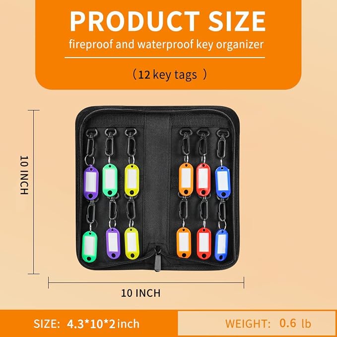 Sdstone Portable Zippered Key Organizer, Fireproof Key Case with 12 Key Hooks and Tags,Waterproof Portable Key Storage for Rental Management Real Estate Sales Hotel Executives and Car Service