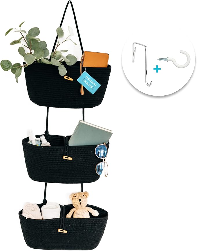 OrganiHaus Over the Door Organizer, Woven Rope Hanging Baskets, 3-Tier | Cotton Wall Storage Basket For Nursery Decor, Entryway, Bathroom, Playroom Or Dorm, Mounts On Door Or Wall, Black
